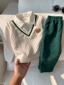 SHEIN 2件組 嬰兒男童/女童 卡通熊拼接翻領長袖套頭運動衫 彈性腰綠色長褲 多功能舒適 秋冬套裝 適合聖誕節 - 彩色 - 查看 1