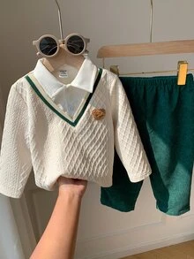 SHEIN 2件組 嬰兒男童/女童 卡通熊拼接翻領長袖套頭運動衫 彈性腰綠色長褲 多功能舒適 秋冬套裝 適合聖誕節 - 彩色 - 查看 5