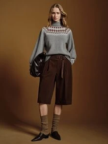 Anewsta Essential High-End French Floral Jacquard Knit Pullover Sweater - Grey - View 2