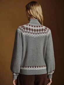 Anewsta Essential High-End French Floral Jacquard Knit Pullover Sweater - Grey - View 7