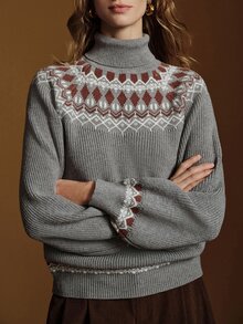 Anewsta Essential High-End French Floral Jacquard Knit Pullover Sweater - Grey - View 5