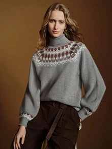 Anewsta Essential High-End French Floral Jacquard Knit Pullover Sweater - Grey - View 6