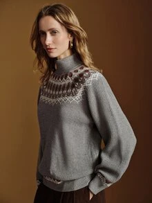 Anewsta Essential High-End French Floral Jacquard Knit Pullover Sweater - Grey - View 4