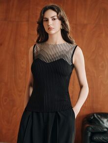 Anewsta French Spring/Summer Elegant Sophisticated Sexy Hollow Mesh Fitted Knit Sleeveless Tank Top T-Shirt - Black - View 2