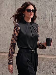 Anewsta Women's Autumn Elegant Sexy Black And White Leopard Print Patchwork Long Sleeve Blouse For Halloween Party Office Going Out Ceremony - Black - View 8