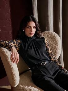 Anewsta Women's Autumn Elegant Sexy Black And White Leopard Print Patchwork Long Sleeve Blouse For Halloween Party Office Going Out Ceremony - Black - View 1