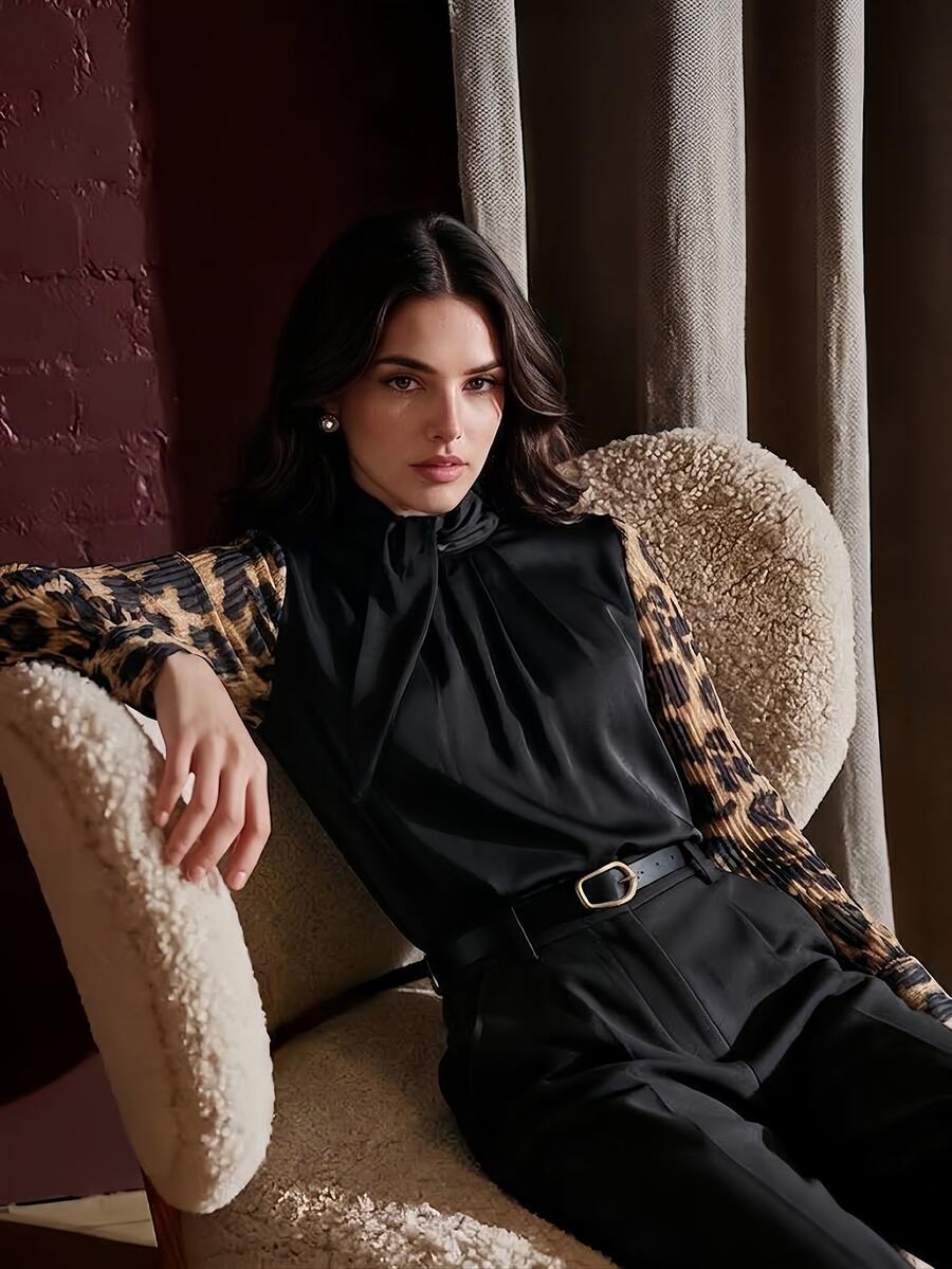 Anewsta Women's Autumn Elegant Sexy Black And White Leopard Print Patchwork Long Sleeve Blouse For Halloween Party Office Going Out Ceremony - Black - View 1