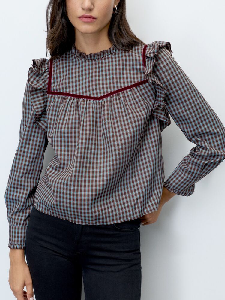 Nöista Blue Checked Fitted Shirt With Ruffles. Vintage Style, Dates, Casual, Going Out, Fall Winter. - Blue - View 5