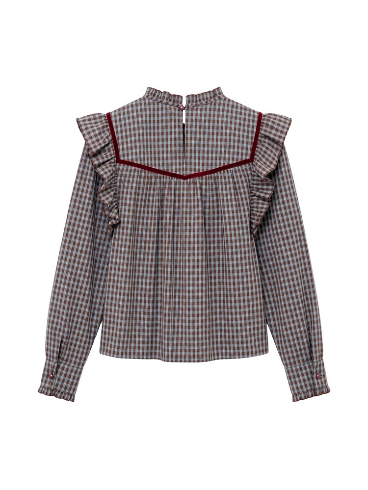 Nöista Blue Checked Fitted Shirt With Ruffles. Vintage Style, Dates, Casual, Going Out, Fall Winter. - Blue - View 11
