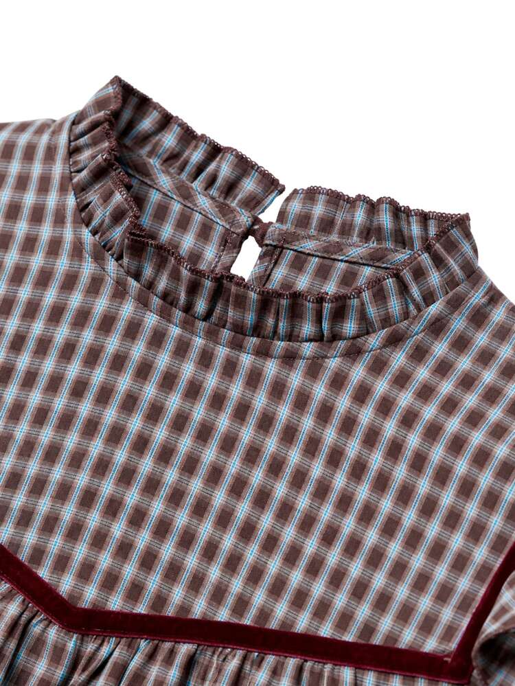 Nöista Blue Checked Fitted Shirt With Ruffles. Vintage Style, Dates, Casual, Going Out, Fall Winter. - Blue - View 12