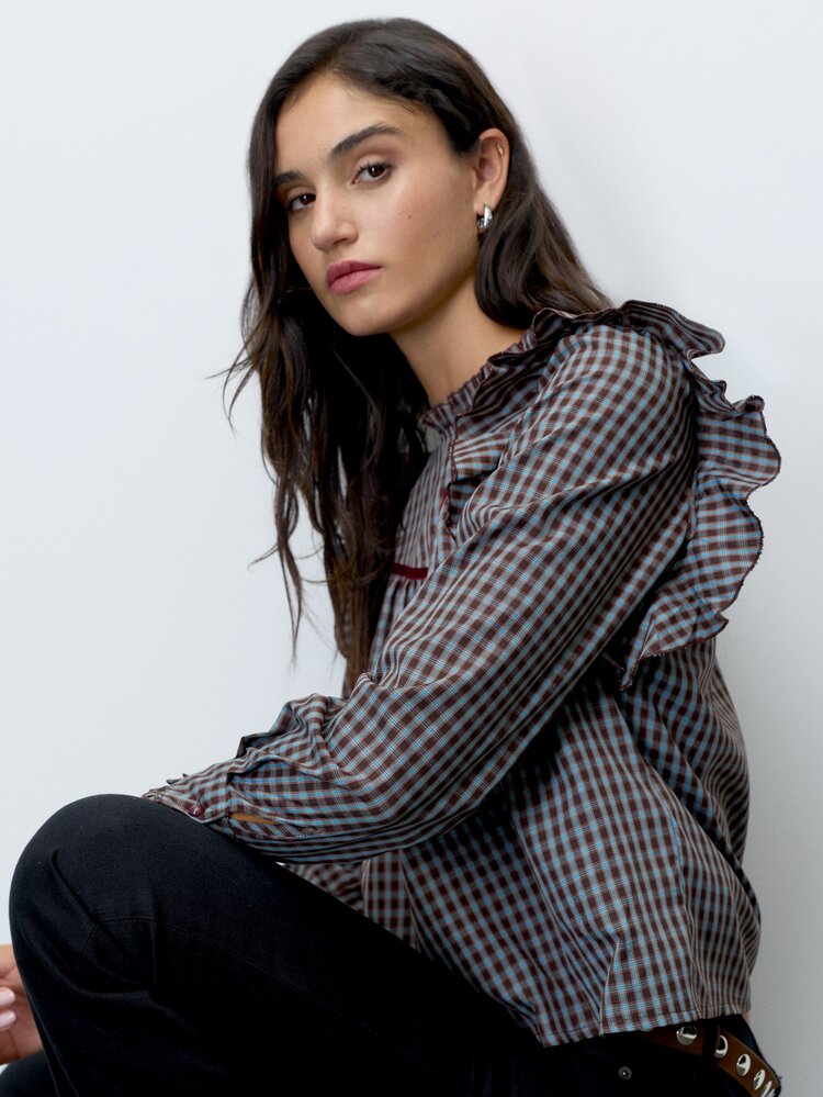 Nöista Blue Checked Fitted Shirt With Ruffles. Vintage Style, Dates, Casual, Going Out, Fall Winter. - Blue - View 2