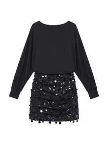 Nöista Gaun Mini Hitam Lengan Panjang dengan Detail Kerut dan Payet. Musim Gugur, Musim Dingin, Pesta, Acara Malam, Klub, Makan Malam, Elegan, Halloween, Natal, Jalan-jalan, Disko. - Hitam - View 9