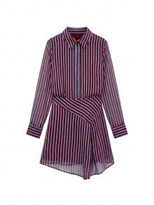 Nöista Burgundy Striped Long-Sleeved Shirt Dress. Retro, Elegant, Urban Casual, Perfect Commuting, Dating, Fall Winter. Going Out, Formal - Burgundy - View 9