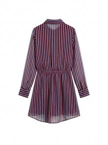 Nöista Burgundy Striped Long-Sleeved Shirt Dress. Retro, Elegant, Urban Casual, Perfect Commuting, Dating, Fall Winter. Going Out, Formal - Burgundy - View 10
