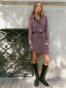 Nöista Burgundy Striped Long-Sleeved Shirt Dress. Retro, Elegant, Urban Casual, Perfect Commuting, Dating, Fall Winter. Going Out, Formal - Burgundy - View 4