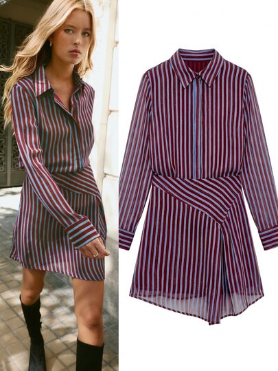 Nöista Burgundy Striped Long-Sleeved Shirt Dress. Retro, Elegant, Urban Casual, Perfect Commuting, Dating, Fall Winter. Going Out, Formal
