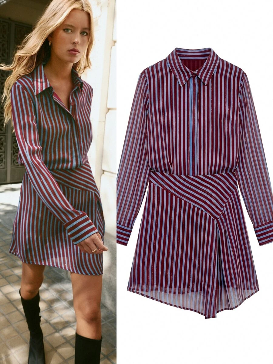 Nöista Burgundy Striped Long-Sleeved Shirt Dress. Retro, Elegant, Urban Casual, Perfect Commuting, Dating, Fall Winter. Going Out, Formal - Burgundy - View 1