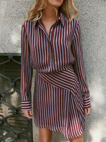Nöista Burgundy Striped Long-Sleeved Shirt Dress. Retro, Elegant, Urban Casual, Perfect Commuting, Dating, Fall Winter. Going Out, Formal - Burgundy - View 3
