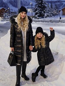 SHEIN 女童亮面收腰連帽加厚棉襖，抓絨內裡加厚拉鍊外套，修身冬季外衣，適合聖誕與西式風格 - 黑色 - 查看 8