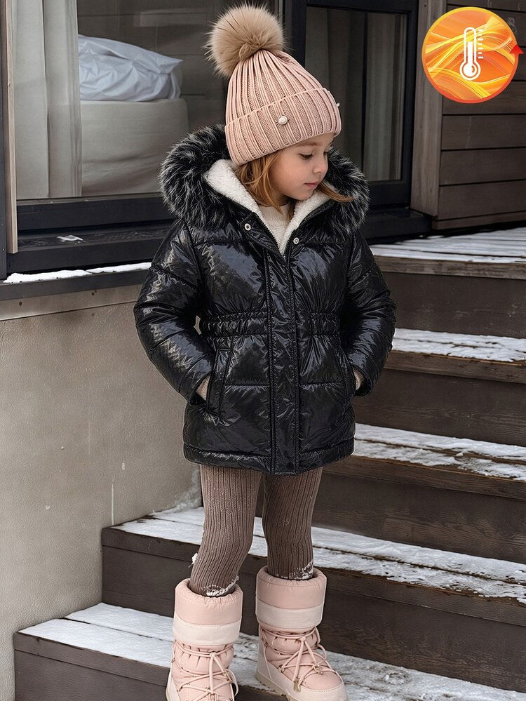 SHEIN Girls' Shiny Waist-Cinching Hooded Padded Padded Coat, Fleece Lined Thickened Zipper Coat, Snug Fit Winter Outerwear For Travel - Black - View 10