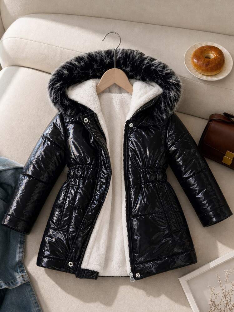 SHEIN Girls' Shiny Waist-Cinching Hooded Padded Padded Coat, Fleece Lined Thickened Zipper Coat, Snug Fit Winter Outerwear For Travel - Black - View 3