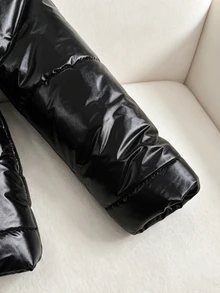 SHEIN 女童亮面收腰連帽加厚棉襖，抓絨內裡加厚拉鍊外套，修身冬季外衣，適合聖誕與西式風格 - 黑色 - 查看 6