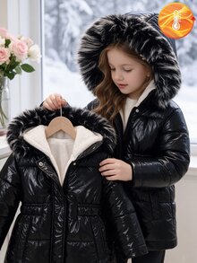 SHEIN 女童亮面收腰連帽加厚棉襖，抓絨內裡加厚拉鍊外套，修身冬季外衣，適合聖誕與西式風格 - 黑色 - 查看 13
