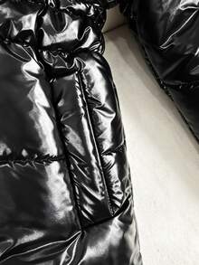 SHEIN 女童亮面收腰連帽加厚棉襖，抓絨內裡加厚拉鍊外套，修身冬季外衣，適合聖誕與西式風格 - 黑色 - 查看 5