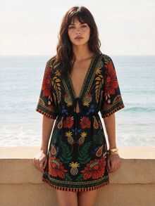 CAJUNI Women's Floral Print V-Neck Casual Versatile Daily Wear Dress - Multicolor - View 7