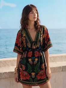 CAJUNI Women's Floral Print V-Neck Casual Versatile Daily Wear Dress - Multicolor - View 5