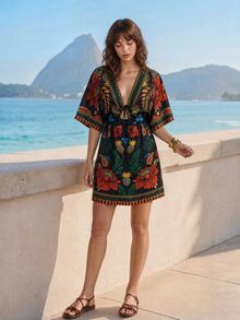 CAJUNI Women's Floral Print V-Neck Casual Versatile Daily Wear Dress - Multicolor - View 4