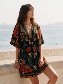 CAJUNI Women's Floral Print V-Neck Casual Versatile Daily Wear Dress - Multicolor - View 6
