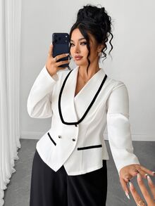 Elenzga Plus Size Women's Colorblock Casual Commute Blazer - Apricot - View 6