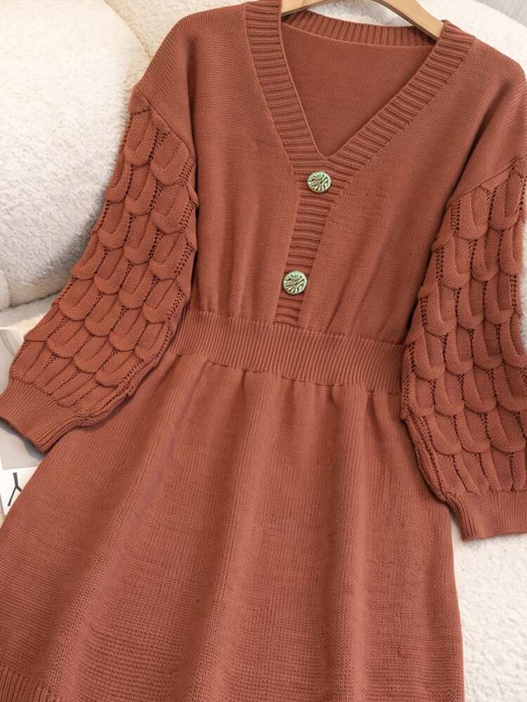GlowEve CURVE Plus Size V-Neck Faux Collar Button Lantern Sleeve A-Line Thick Knit Sweater Dress With Rope Detail Solid Color Winter - Brown - View 4