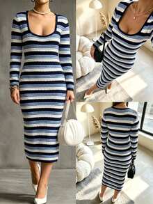 Vionelle Plus Size Sweater Dresses Winter - Blue and White - View 3