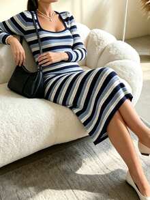 Vionelle Plus Size Sweater Dresses Winter - Blue and White - View 4