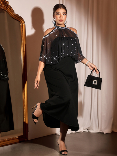 Cravure Plus Size Halloween Chiffon Cold-Shoulder Halter Neck Shiny Pearl Cape With Black Knit Waist-Cinching Long Dress 2 Pieces Set, Spring/Summer Annual Meeting Party Belly-Covering Elegant Evening Gown Outfit