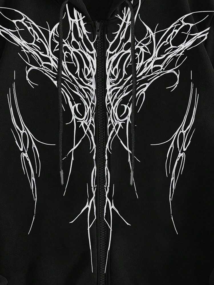 ROMWE Plus Size Women Gothic Print Long Sleeve Zip Front Drawstring Hooded Sweatshirt Fall Winter - Black - View 4