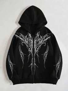 ROMWE Goth Sudadera con capucha de manga larga con cremallera frontal y cordón ajustable, con estampado gótico, talla grande para mujer - Negro - Ver 1