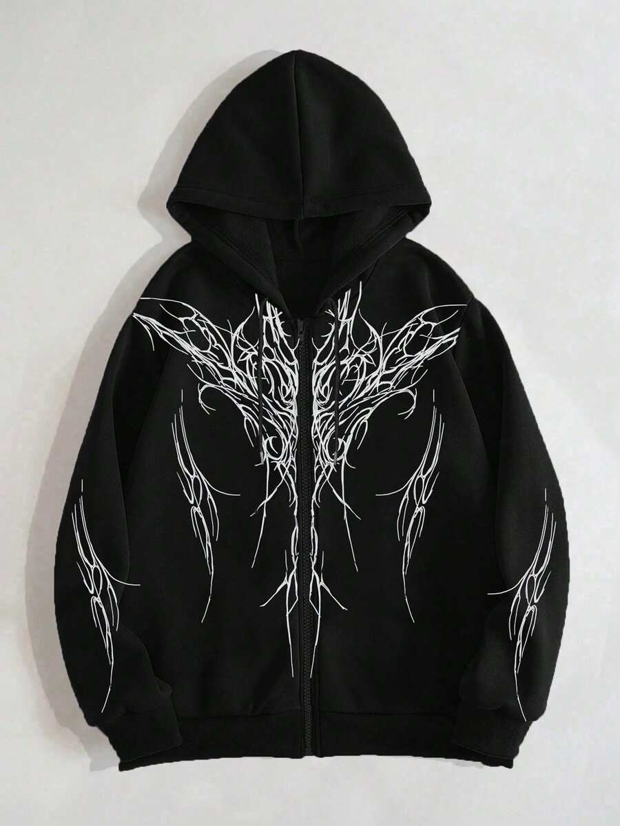 ROMWE Goth Sudadera con capucha de manga larga con cremallera frontal y cordón ajustable, con estampado gótico, talla grande para mujer - Negro - Ver 1