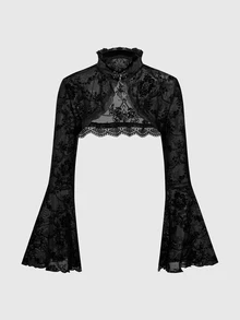 ROMWE Gothic Versatile Slit Bell Sleeve Women Retro Flocked Black Lace Top - Black - View 1
