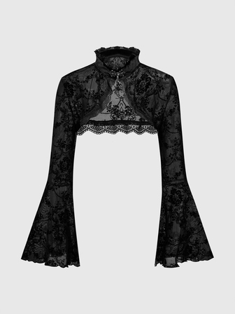 Goth ملابس علوية سوداء دانتيل مزخرفة عتيقة مع أكمام جرس شقوق متعددة الاستخدامات للنساء