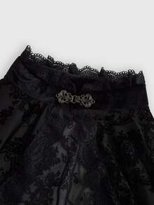 ROMWE Gothic Versatile Slit Bell Sleeve Women Retro Flocked Black Lace Top - Black - View 4