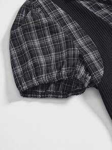 ROMWE Vintage Gothic Plaid Patchwork 2 In 1 Women Shirt Top, Back To School Summer - Black - View 4