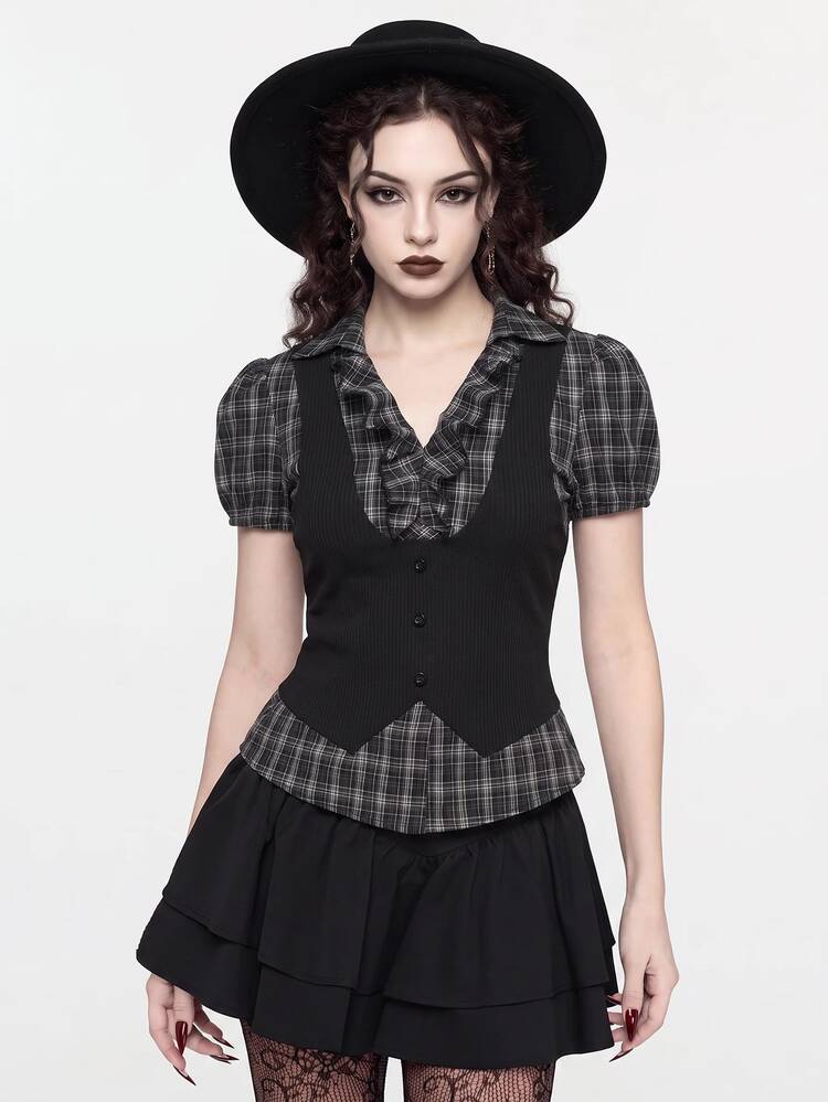 ROMWE Vintage Gothic Plaid Patchwork 2 In 1 Women Shirt Top, Back To School Summer - Black - View 3