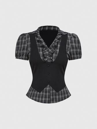 Goth Camicia/top da donna vintage in stile gotico, a quadri e patchwork, 2 in 1, adatta per il ritorno a scuola in estate