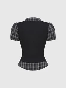 ROMWE Vintage Gothic Plaid Patchwork 2 In 1 Women Shirt Top, Back To School Summer - Black - View 2