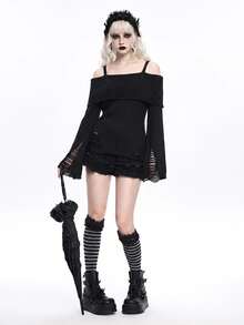 ROMWE Goth Spring Casual Black Fashionable Punk Dark Style Distressed Design Waist Wrap Exposed Shoulder Sweater - Black - View 3