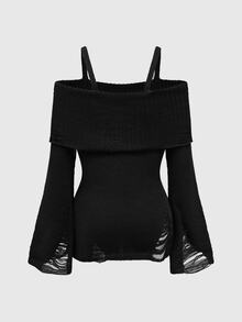 ROMWE Goth Spring Casual Black Fashionable Punk Dark Style Distressed Design Waist Wrap Exposed Shoulder Sweater - Black - View 2