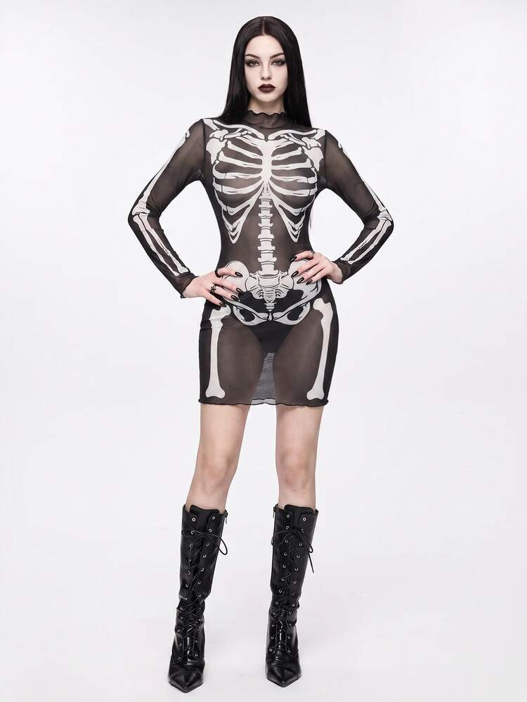 ROMWE Halloween Gothic Skeleton Flocked Sexy Sheer Mini Dress For Women - Black - View 3